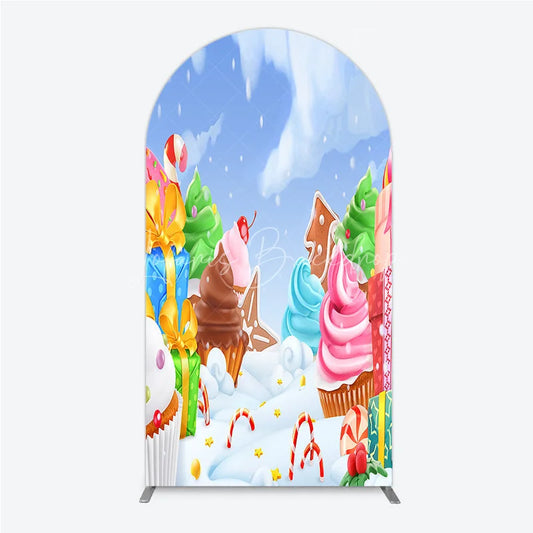 Lofaris Sweet Winter Wonderland Round Top Arch Backdrop with Cupcakes Gingerbread and Candy Canes for Holiday Party Decor