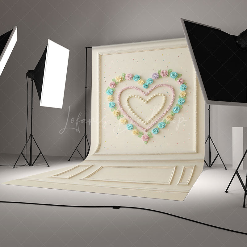 Lofaris Sweetheart Cake Smash Photography Backdrop Pastel Cream Roses Heart on White Wall First Birthday Photo Prop