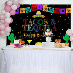 Lofaris Tacos Tequila Colorful Flags Happy Birthday Backdrop