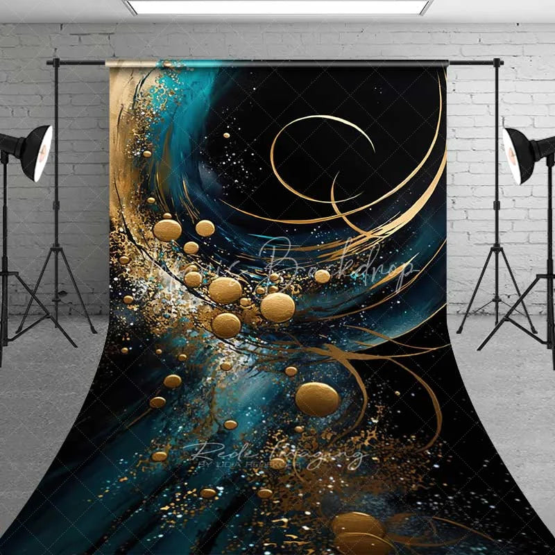 Lofaris Teal and Gold Abstract Fluid Art Backdrop Luxury Swirls Golden Circles Photography Background