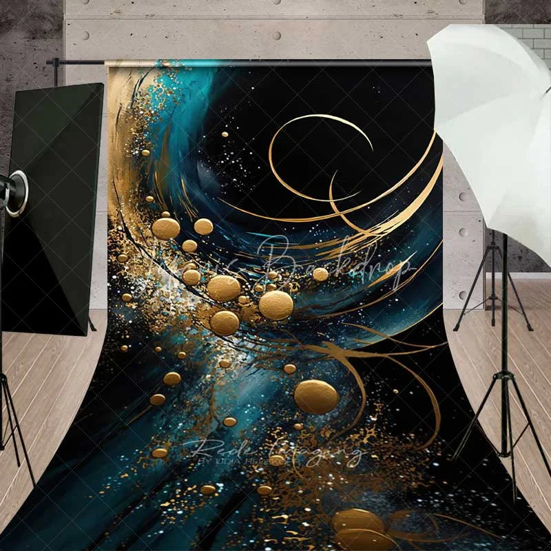 Lofaris Teal and Gold Abstract Fluid Art Backdrop Luxury Swirls Golden Circles Photography Background
