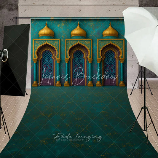 Lofaris Teal and Gold Arabian Archways Sweep Backdrop Exotic Moroccan Palace Photography Studio Prop for Parties Events