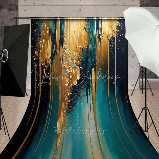 Lofaris Teal and Gold Dripping Paint Abstract Backdrop Vertical Textured Strokes Photography Background