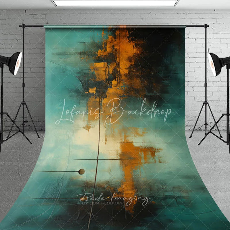 Lofaris Teal and Orange Abstract Textured Sweep Backdrop Modern Art Style with Dramatic Gold Black Hues for Photography.