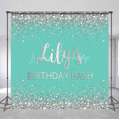 Lofaris Teal and Silver Glitter Diamond Custom Birthday Backdrop Personalized Name Bash Party Decor