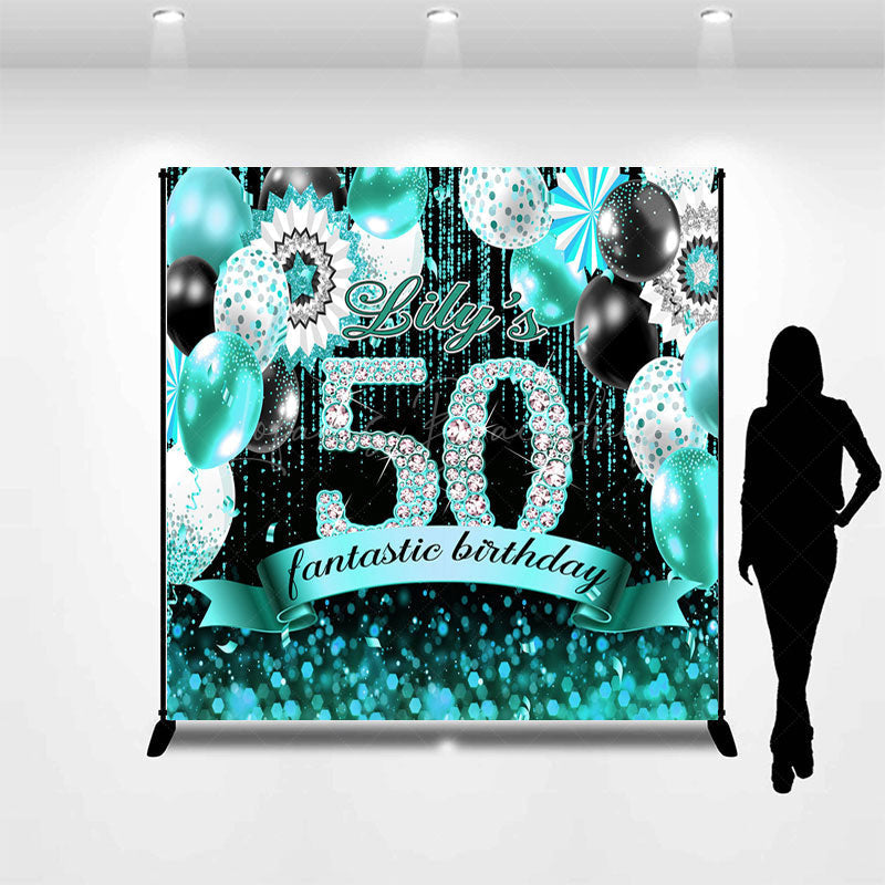 Lofaris Teal Balloons Bokeh Custom Name 50 Birthday Backdrop