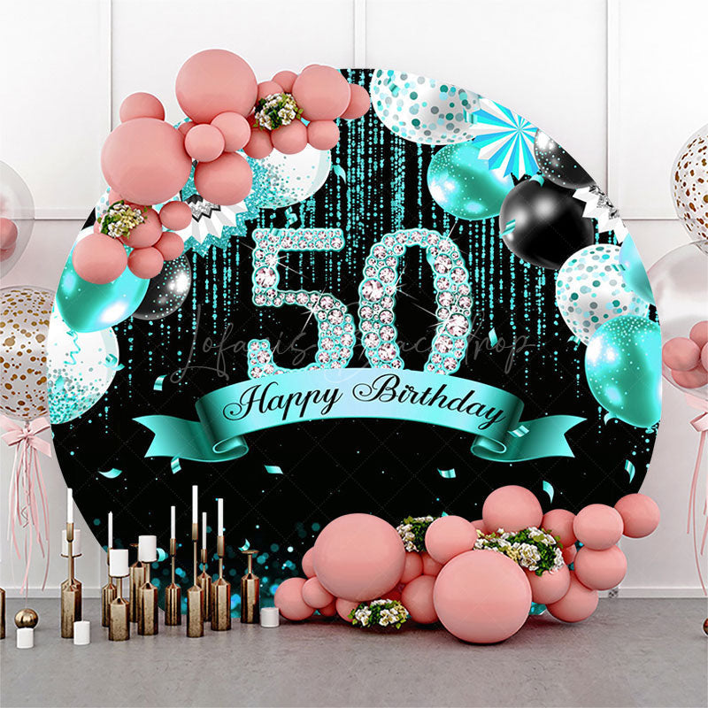 Lofaris Teal Balloons Glitter Round 50th Birthday Backdrop