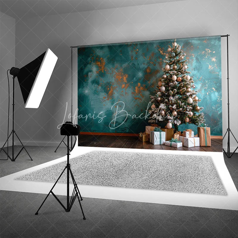 Lofaris Teal Blue Christmas Backdrop Abstract Grunge Wall Gold Ornament Photography Background Modern Holiday Tree Party Decoration