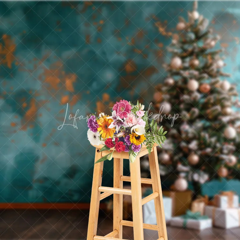 Lofaris Teal Blue Christmas Backdrop Abstract Grunge Wall Gold Ornament Photography Background Modern Holiday Tree Party Decoration
