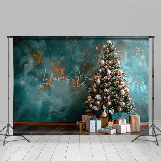 Lofaris Teal Blue Christmas Backdrop Abstract Grunge Wall Gold Ornament Photography Background Modern Holiday Tree Party Decoration