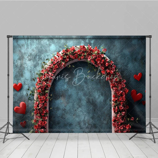 Lofaris Teal Blue Textured Photography Backdrop with Red Floral Arch and Hearts for Romantic Valentines Day Celebrations