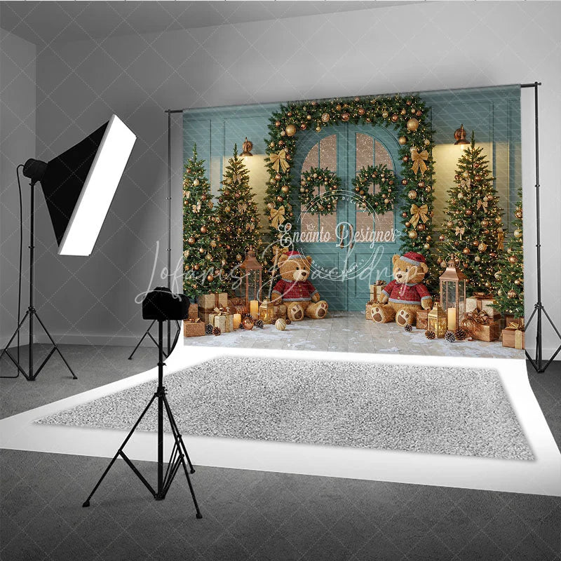 Lofaris Teal Christmas Door Photography Backdrop Teddy Bears in Snow with Gold Garland Holiday Mini Session Background