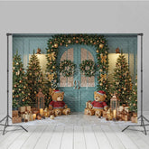 Lofaris Teal Christmas Door Photography Backdrop Teddy Bears in Snow with Gold Garland Holiday Mini Session Background
