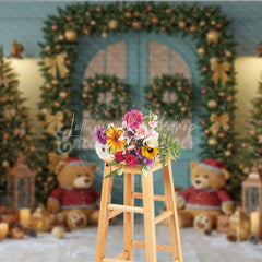 Lofaris Teal Christmas Door Photography Backdrop Teddy Bears in Snow with Gold Garland Holiday Mini Session Background