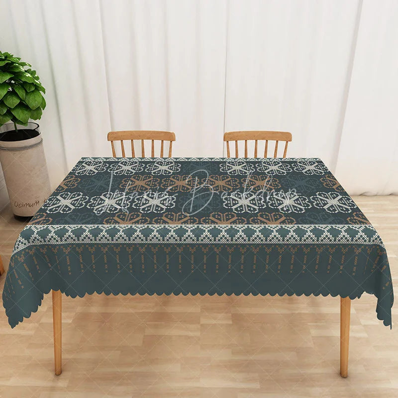 Lofaris Teal Geometric Rectangle Tablecloth Cross Stitch Style Pattern Table Cover Rustic Winter Dining Decor