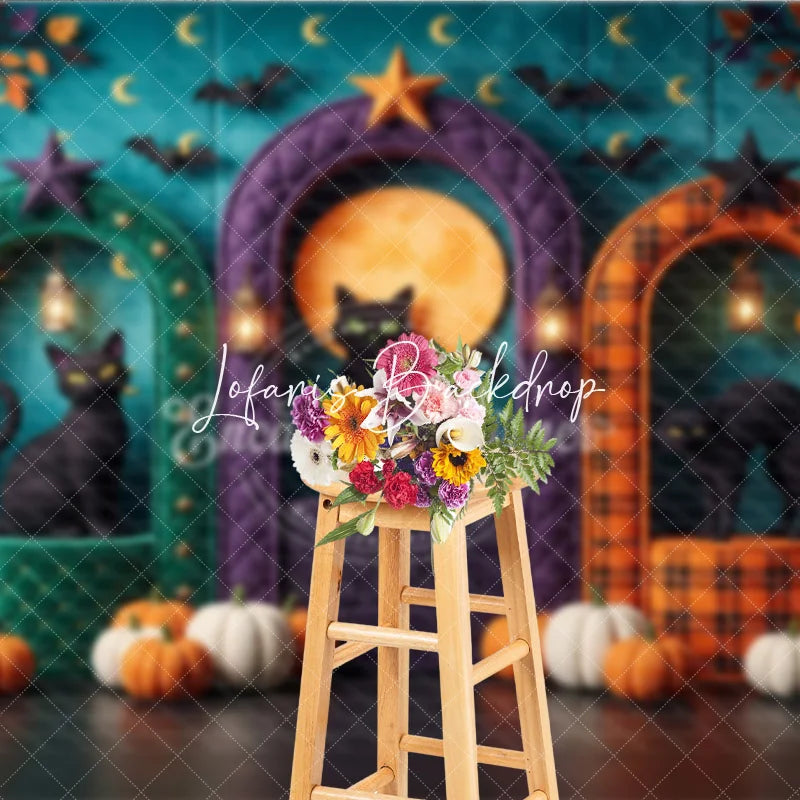 Lofaris Teal Halloween Photography Backdrop with Black Cats Pumpkins Full Moon and Arched Doorways for Fall Party Decor