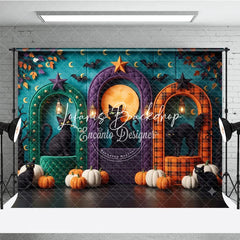 Lofaris Teal Halloween Photography Backdrop with Black Cats Pumpkins Full Moon and Arched Doorways for Fall Party Decor
