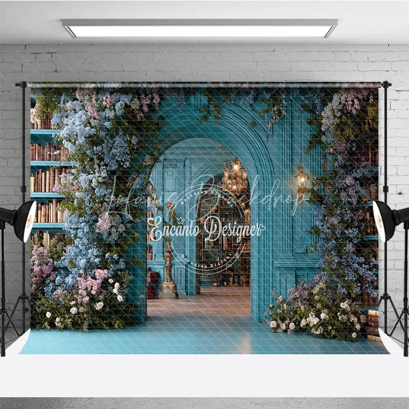 Lofaris Teal Magical Library Photography Backdrop Blue Floral Arch and Bookshelves Fine Art Fairytale Background