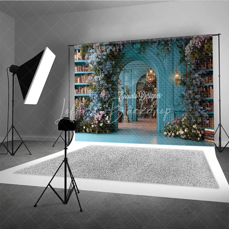 Lofaris Teal Magical Library Photography Backdrop Blue Floral Arch and Bookshelves Fine Art Fairytale Background