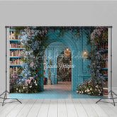 Lofaris Teal Magical Library Photography Backdrop Blue Floral Arch and Bookshelves Fine Art Fairytale Background