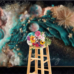 Lofaris Teal Ocean Fluid Art and Floating Pearls Backdrop Gold Dust Photography Background Summer Party Decor