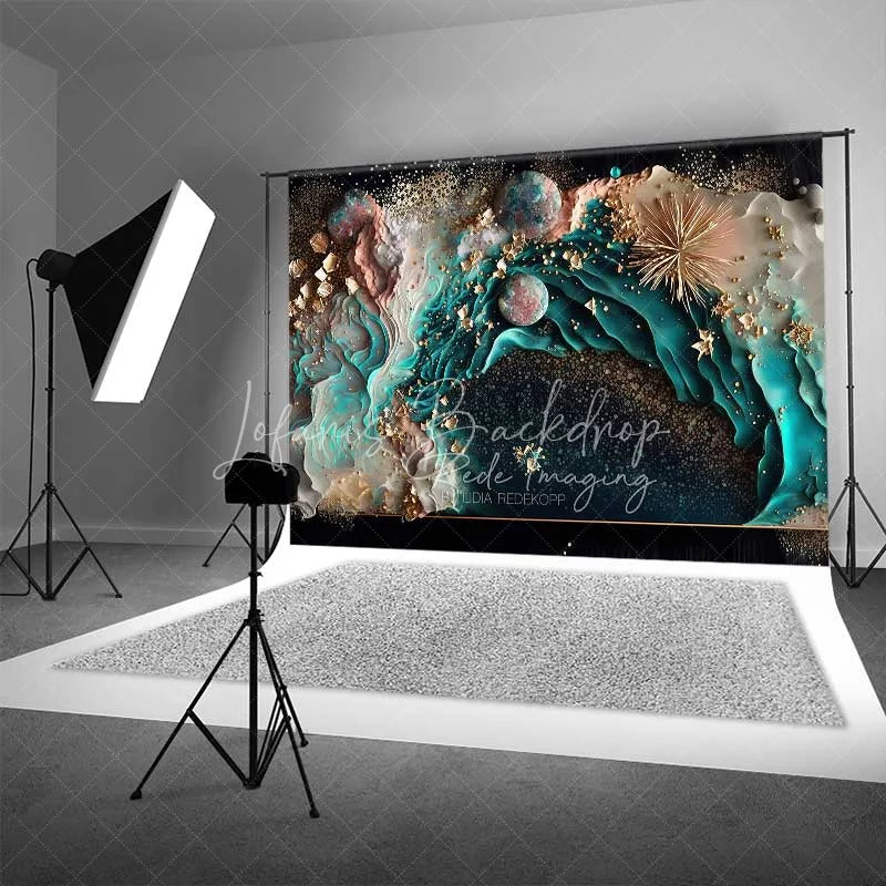 Lofaris Teal Ocean Fluid Art and Floating Pearls Backdrop Gold Dust Photography Background Summer Party Decor
