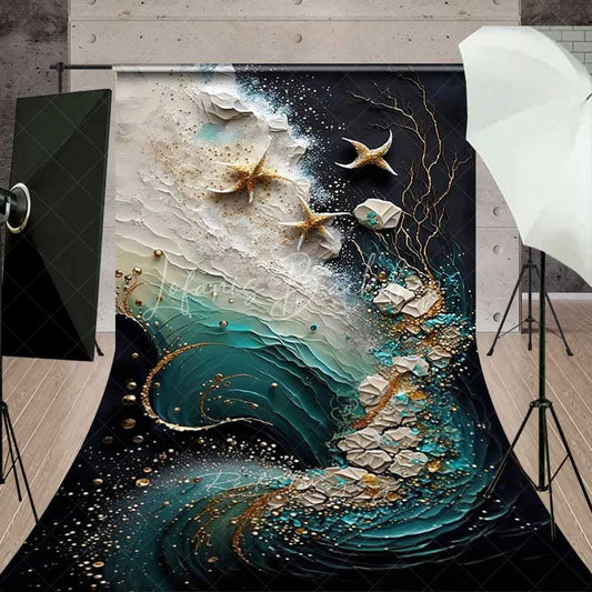 Lofaris Teal Ocean Wave and Golden Starfish Backdrop Gold Coral Branch Abstract Marine Photography Background