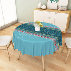 Lofaris Teal Ornate Pattern Round Tablecloth with Pink Gemstone Chain Detail Luxurious Ethnic Style Decor