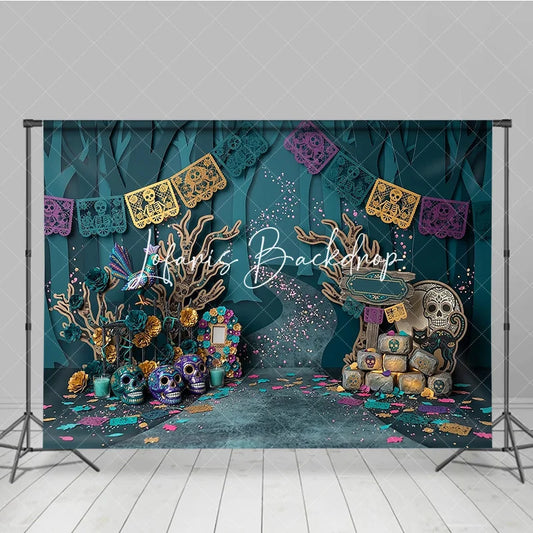 Lofaris Teal Purple Gold Day of the Dead Sugar Skulls Photography Backdrop Mystical Forest Scene with Papel Picado Banners
