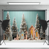 Lofaris Teal Wall Pine Trees House Christmas Photo Backdrop