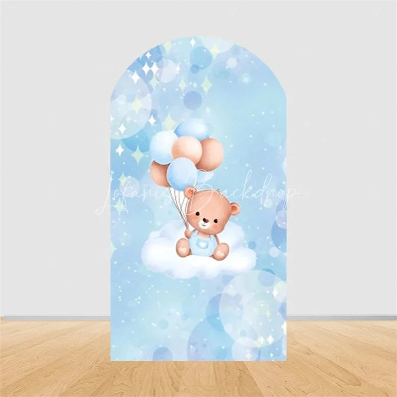Lofaris Teddy Bear Arch Backdrop Sleeping on Moon Blue Clouds Baby Shower Decor Boy 1st Birthday Prop
