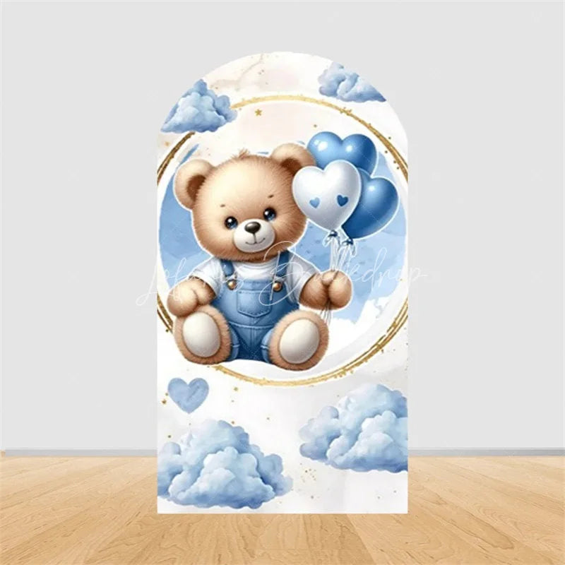 Lofaris Teddy Bear Arch Backdrop Sleeping on Moon Blue Clouds Baby Shower Decor Boy 1st Birthday Prop