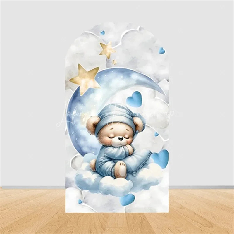 Lofaris Teddy Bear Arch Backdrop Sleeping on Moon Blue Clouds Baby Shower Decor Boy 1st Birthday Prop