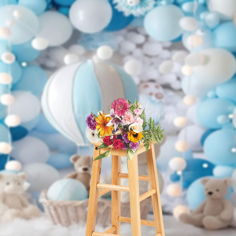 Lofaris Teddy Bear Baby Blue Hotair Balloon Photo Backdrop