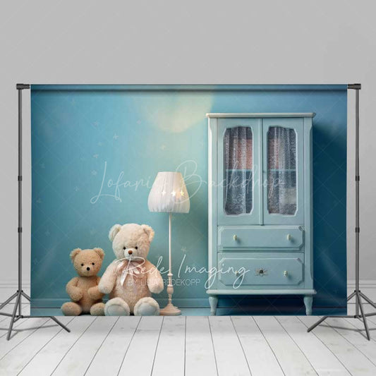 Lofaris Teddy Bear Cake Smash Photography Backdrop Blue Nursery Room with Armoire Boys First Birthday Studio Photo Prop