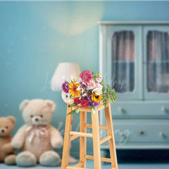 Lofaris Teddy Bear Cake Smash Photography Backdrop Blue Nursery Room with Armoire Boys First Birthday Studio Photo Prop