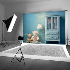 Lofaris Teddy Bear Cake Smash Photography Backdrop Blue Nursery Room with Armoire Boys First Birthday Studio Photo Prop