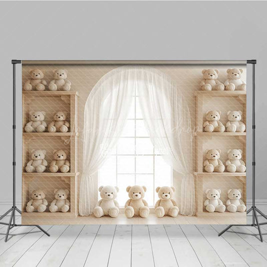 Lofaris Teddy Bear Cake Smash Photography Backdrop Vintage Nursery with Bookshelves We Can Bearly Wait Photo Prop Decor