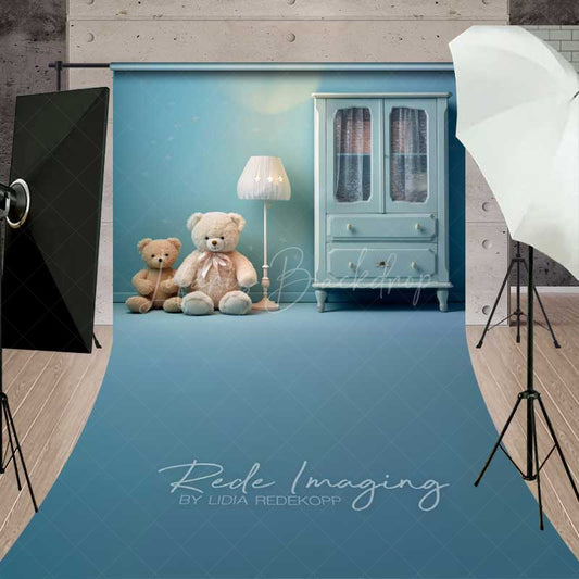 Lofaris Teddy Bear Cake Smash Sweep Photography Backdrop Blue Nursery with Floor Space Boys First Birthday Studio Photo Prop