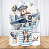 Lofaris Teddy Bear Pilot Cartoon Round Birthday Backdrop Kit