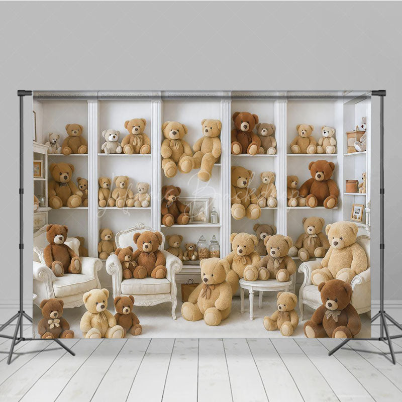 Lofaris Teddy Bear Room Photography Backdrop Nursery Bookshelf Full of Bears We Can Bearly Wait Baby Shower Cake Smash