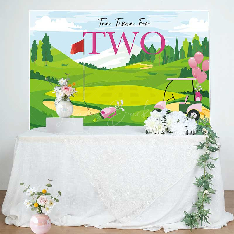 Lofaris Tee Time for Two Girls Birthday Backdrop Pink and Green Golf Course Scenery Summer Sports Themed Party Photo Prop