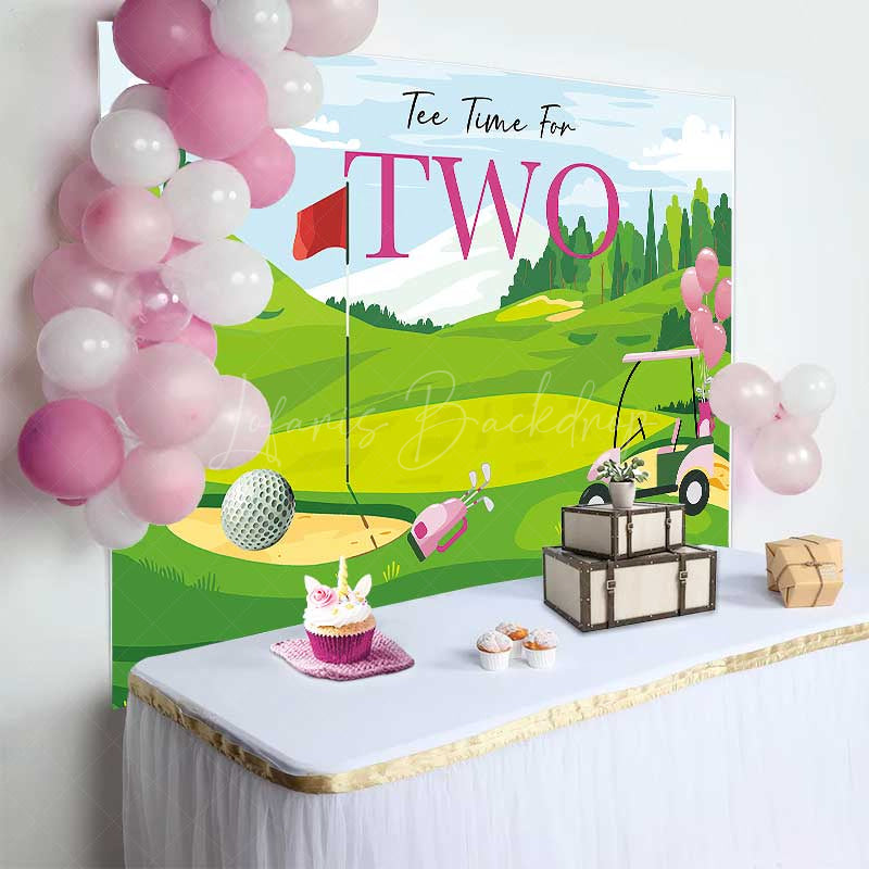 Lofaris Tee Time for Two Girls Birthday Backdrop Pink and Green Golf Course Scenery Summer Sports Themed Party Photo Prop