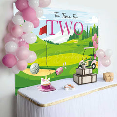 Lofaris Tee Time for Two Girls Birthday Backdrop Pink and Green Golf Course Scenery Summer Sports Themed Party Photo Prop