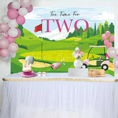 Lofaris Tee Time for Two Girls Birthday Backdrop Pink and Green Golf Course Scenery Summer Sports Themed Party Photo Prop