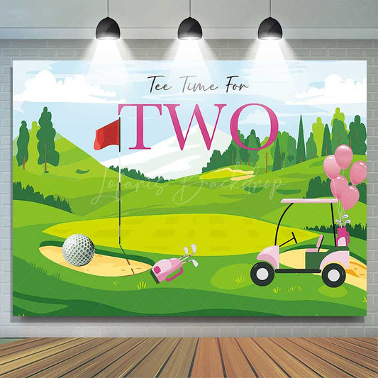 Lofaris Tee Time for Two Girls Birthday Backdrop Pink and Green Golf Course Scenery Summer Sports Themed Party Photo Prop