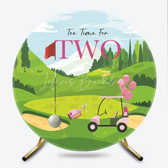 Lofaris Tee Time for TWO Golf 2nd Birthday Round Backdrop Pink Cart and Green Course Girl Party Decor