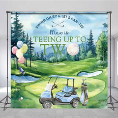 Lofaris Teeing Up to Two Birthday Backdrop Custom Name Boys Blue Golf Cart Swing on By and Let’s Par tee Banner