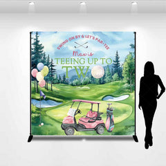 Lofaris Teeing Up to Two Birthday Backdrop Custom Name Girls Pink Golf Cart Swing on By and Let’s Par tee Banner