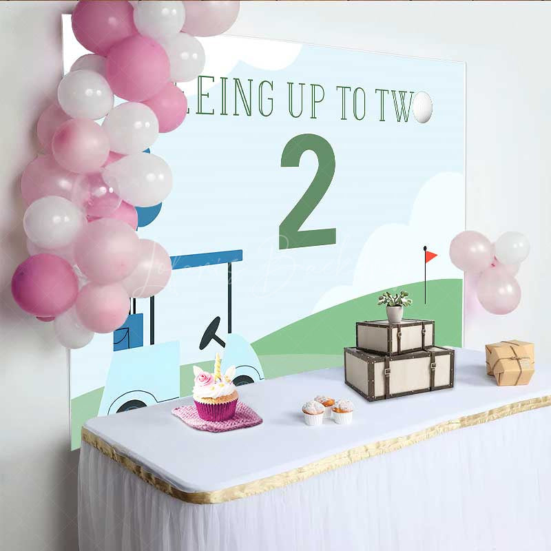 Lofaris Teeing Up to Two Golf Themed Birthday Boys 2nd Bday Party Backdrop Blue and Green Cart Scenery Banner